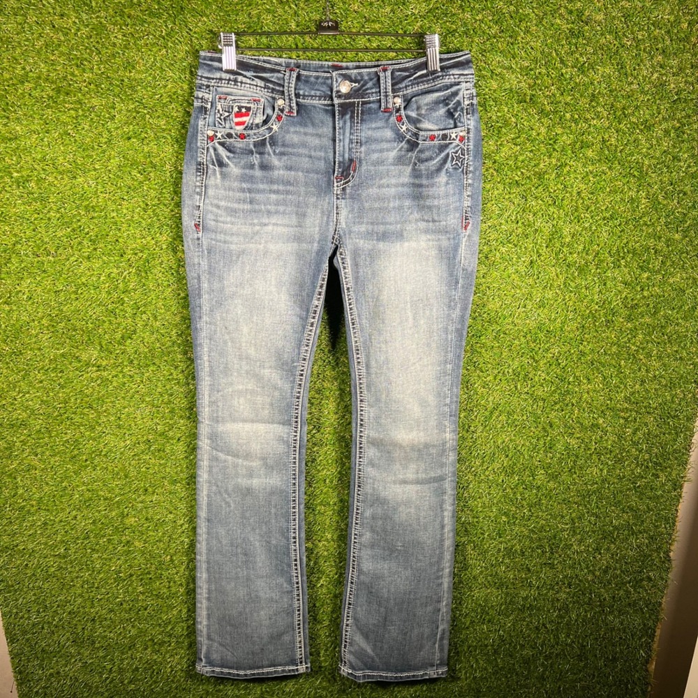 Grace in LA Easy Fit Americana Bootcut Jeans Blue Star Stripe Embroidered Sz 27